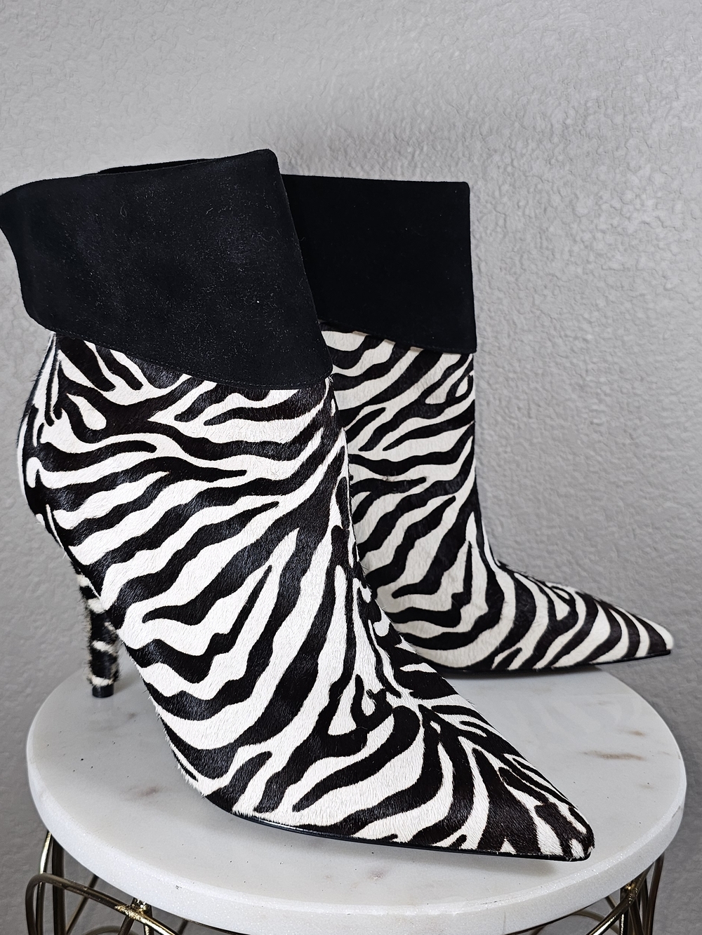 Marc Fisher Zebra-Print Pointed Ankle Boots in Black & White